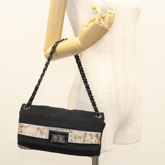 CHANEL Chain Shoulder Bag Nylon Black Silver CC Auth 125969