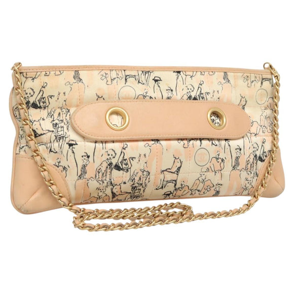 CHANEL Accessory Pouch Silk Beige Gold CC Auth 125970