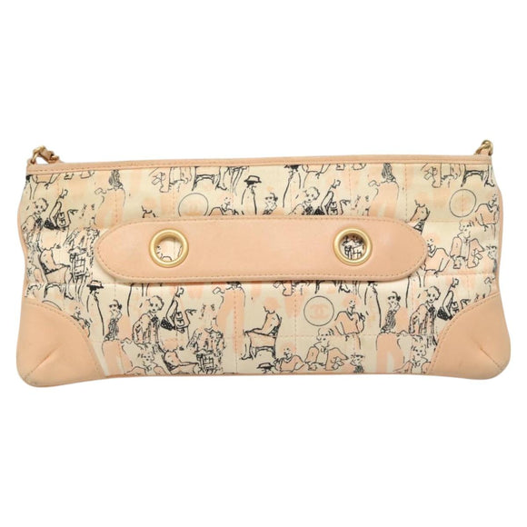 CHANEL Accessory Pouch Silk Beige Gold CC Auth 125970