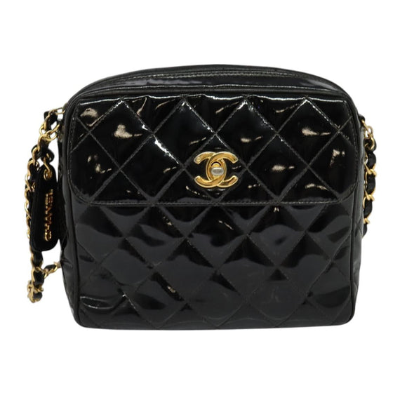 CHANEL Matelasse Chain Shoulder Bag Enamel Black Gold CC Auth 125971