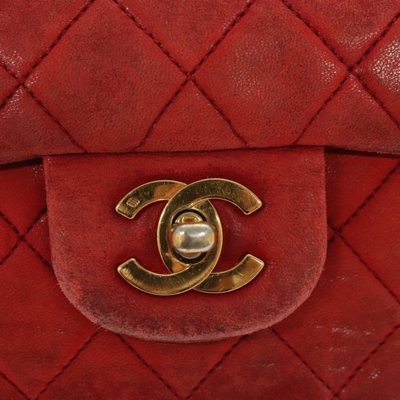 CHANEL Matelasse Chain Shoulder Bag Lamb Skin Red Gold CC Auth 125972