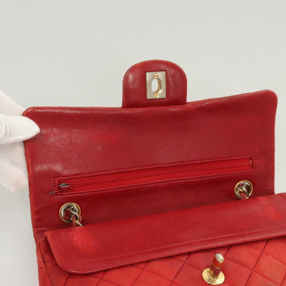 CHANEL Matelasse Chain Shoulder Bag Lamb Skin Red Gold CC Auth 125972