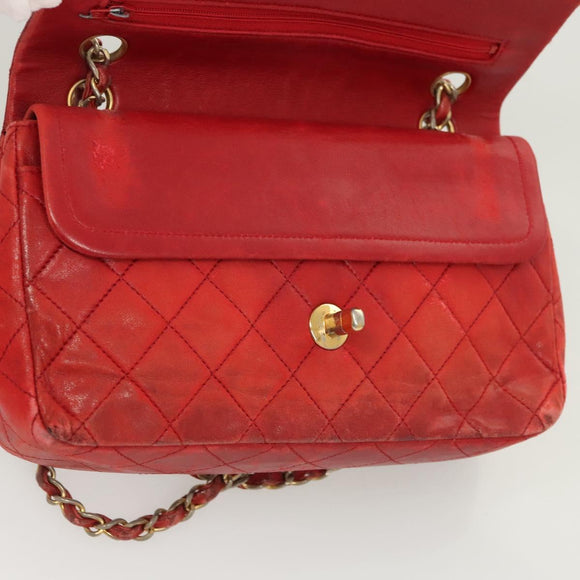 CHANEL Matelasse Chain Shoulder Bag Lamb Skin Red Gold CC Auth 125972