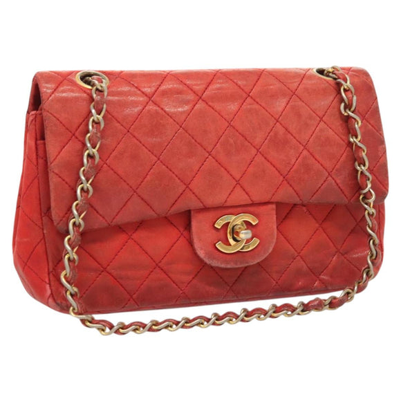 CHANEL Matelasse Chain Shoulder Bag Lamb Skin Red Gold CC Auth 125972