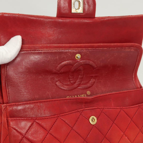 CHANEL Matelasse Chain Shoulder Bag Lamb Skin Red Gold CC Auth 125972