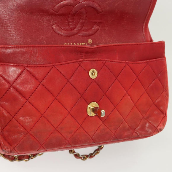 CHANEL Matelasse Chain Shoulder Bag Lamb Skin Red Gold CC Auth 125972