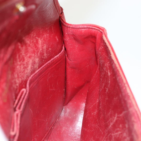 CHANEL Matelasse Chain Shoulder Bag Lamb Skin Red Gold CC Auth 125972