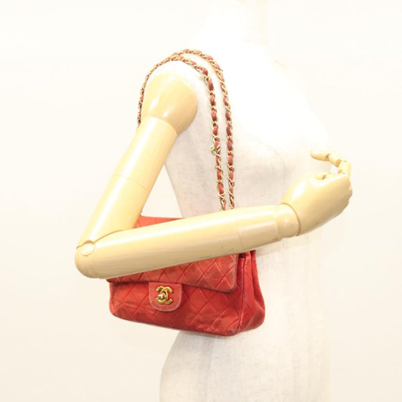 CHANEL Matelasse Chain Shoulder Bag Lamb Skin Red Gold CC Auth 125972