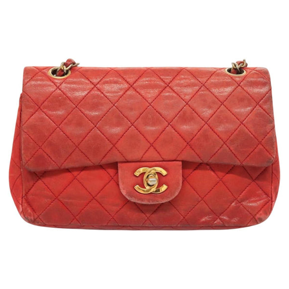CHANEL Matelasse Chain Shoulder Bag Lamb Skin Red Gold CC Auth 125972