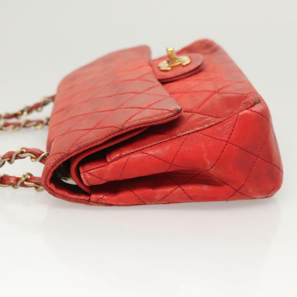 CHANEL Matelasse Chain Shoulder Bag Lamb Skin Red Gold CC Auth 125972