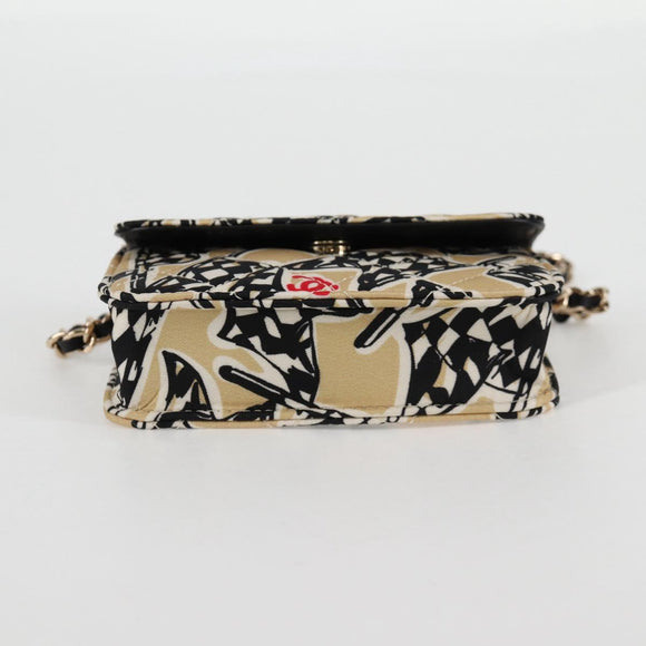 CHANEL Matelasse Checkered Flag Chain Shoulder Bag Nylon Beige CC Auth 125975M