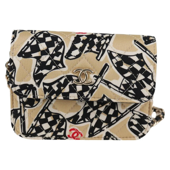 CHANEL Matelasse Checkered Flag Chain Shoulder Bag Nylon Beige CC Auth 125975M