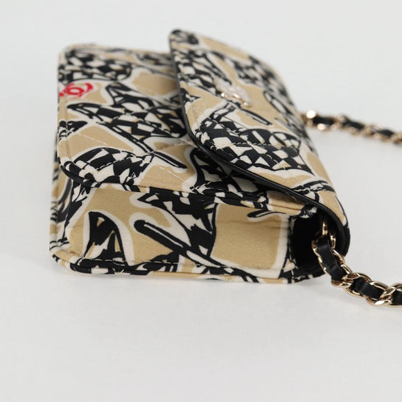 CHANEL Matelasse Checkered Flag Chain Shoulder Bag Nylon Beige CC Auth 125975M