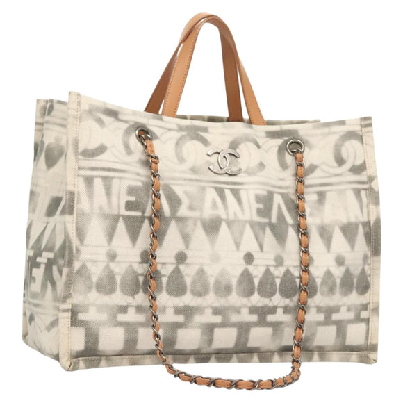 CHANEL Chain Tote Bag Canvas 2way Gray CC Auth 125976