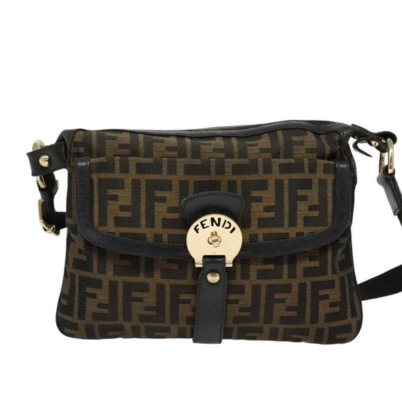 FENDI Zucca Canvas Shoulder Bag Brown Black gold Auth 125989