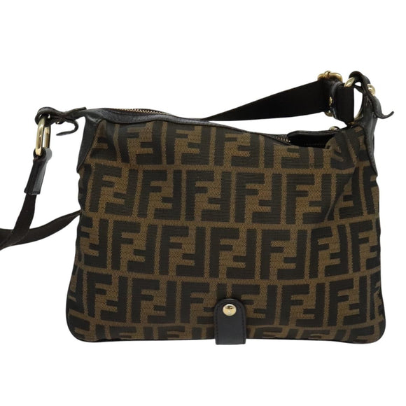 FENDI Zucca Canvas Shoulder Bag Brown Black gold Auth 125989