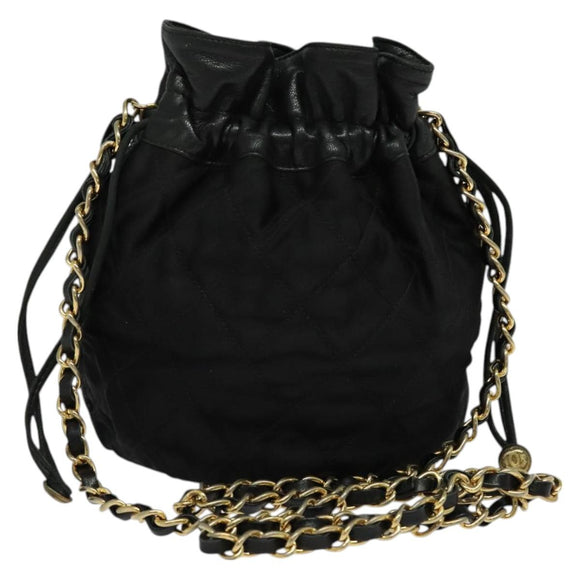 CHANEL Chain Shoulder Bag Nylon Black Gold CC Auth 125992