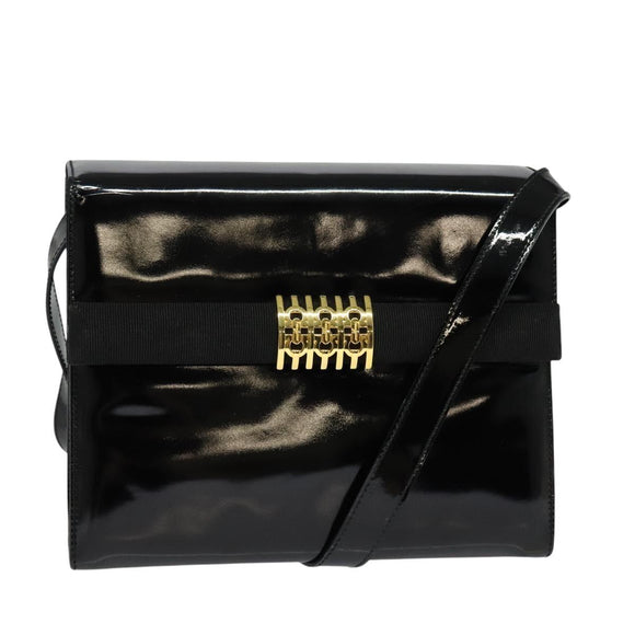 Salvatore Ferragamo Shoulder Bag Enamel Black Gold Auth 125997