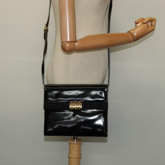 Salvatore Ferragamo Shoulder Bag Enamel Black Gold Auth 125997