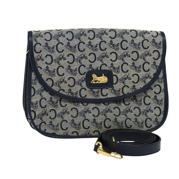 CELINE C Sulky Shoulder Bag Canvas Navy Gold Auth 126003