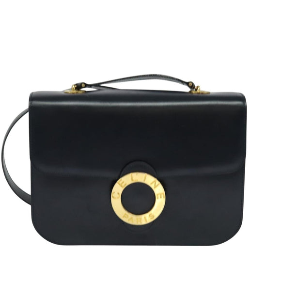 CELINE Circle Shoulder Bag Leather Navy Gold Auth 126033