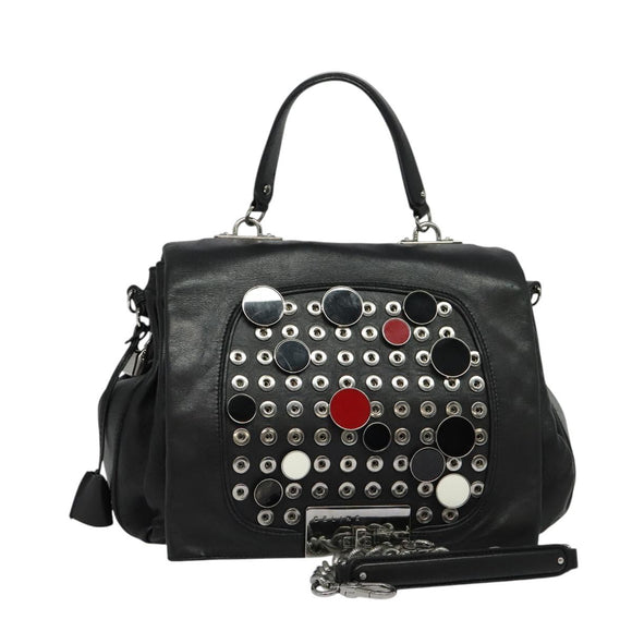 CELINE Chain Hand Bag Leather 2way Black Silver Auth 126034