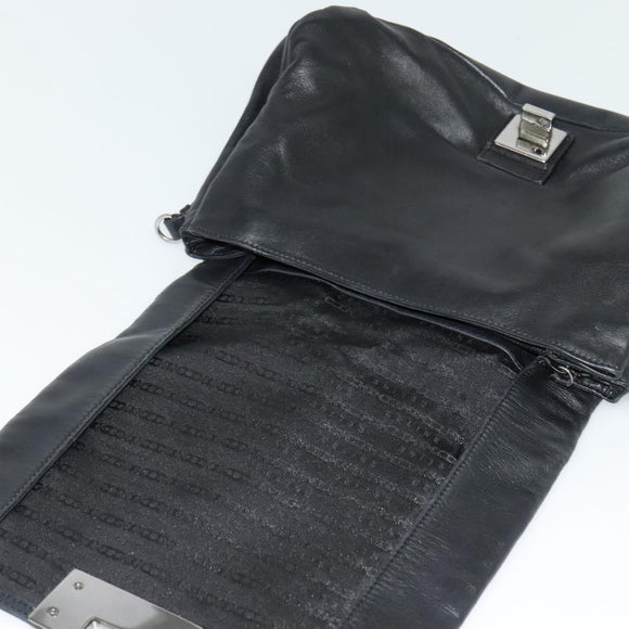 CELINE Chain Hand Bag Leather 2way Black Silver Auth 126034