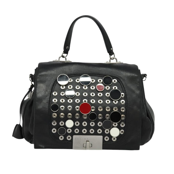 CELINE Chain Hand Bag Leather 2way Black Silver Auth 126034