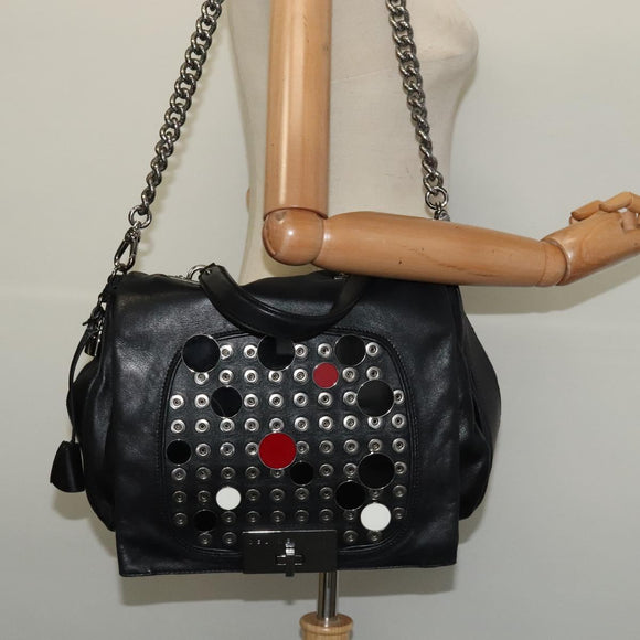 CELINE Chain Hand Bag Leather 2way Black Silver Auth 126034