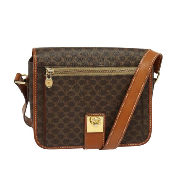 CELINE Macadam Canvas Shoulder Bag PVC Leather Brown Gold Auth 126035