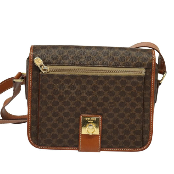CELINE Macadam Canvas Shoulder Bag PVC Leather Brown Gold Auth 126035