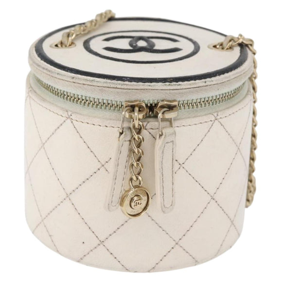 CHANEL Matelasse Chain Shoulder Bag Leather White Gold CC Auth 126060