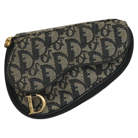 Christian Dior Trotter Canvas Saddle Pouch Navy Gold Auth 126069