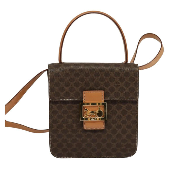 CELINE Macadam Canvas Hand Bag PVC Leather 2way Brown Gold Auth 126107