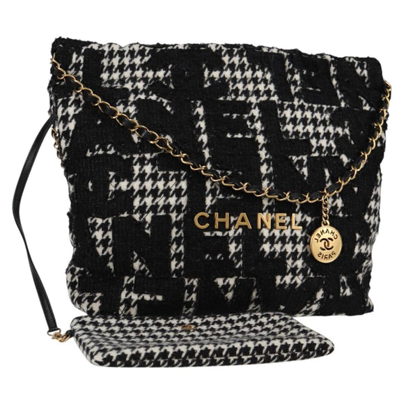 CHANEL Chain Shoulder Bag Tweed Black Gold CC Auth 126118SM