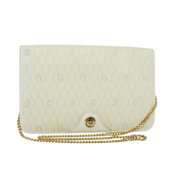 Christian Dior Honeycomb Canvas Chain Shoulder Bag PVC White Gold Auth 126123