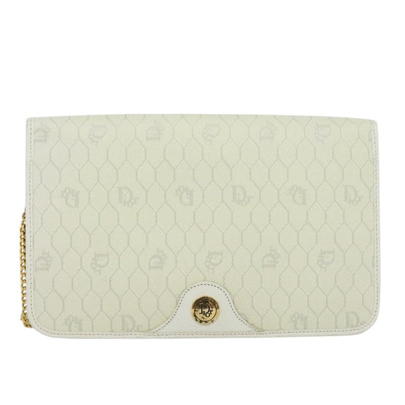 Christian Dior Honeycomb Canvas Chain Shoulder Bag PVC White Gold Auth 126123