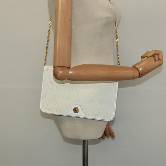Christian Dior Honeycomb Canvas Chain Shoulder Bag PVC White Gold Auth 126123