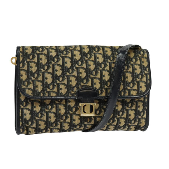 Christian Dior Trotter Canvas Shoulder Bag Navy Gold Auth 126127