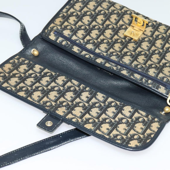 Christian Dior Trotter Canvas Shoulder Bag Navy Gold Auth 126127