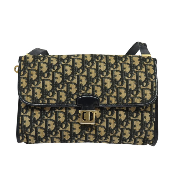 Christian Dior Trotter Canvas Shoulder Bag Navy Gold Auth 126127
