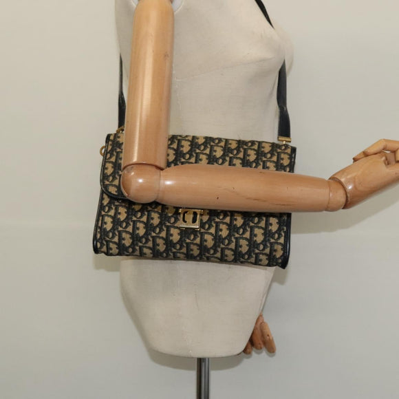 Christian Dior Trotter Canvas Shoulder Bag Navy Gold Auth 126127