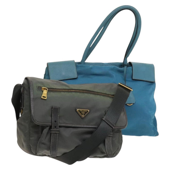 PRADA Shoulder Bag Nylon Leather 2Set Blue Gray Auth 126134