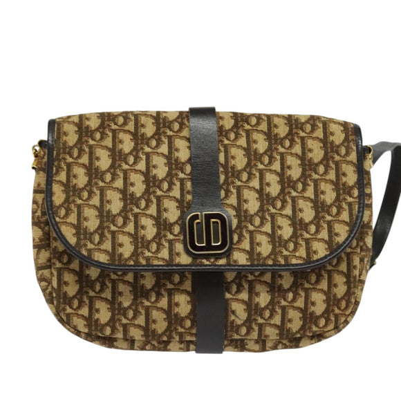 Christian Dior Trotter Canvas Shoulder Bag Brown Gold Auth 126151