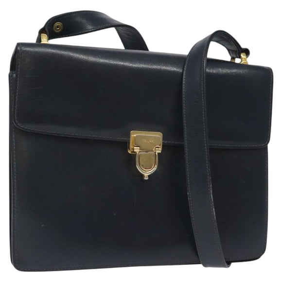 CELINE Shoulder Bag Leather Navy Gold Auth 126159