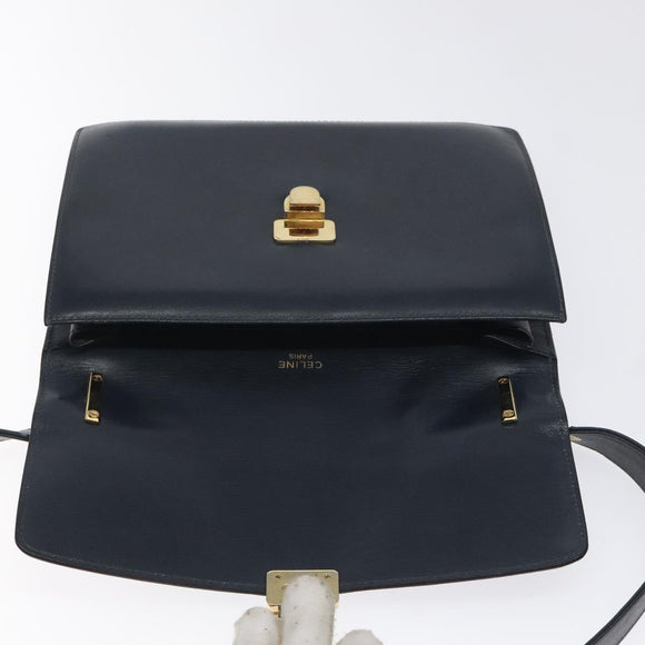 CELINE Shoulder Bag Leather Navy Gold Auth 126159