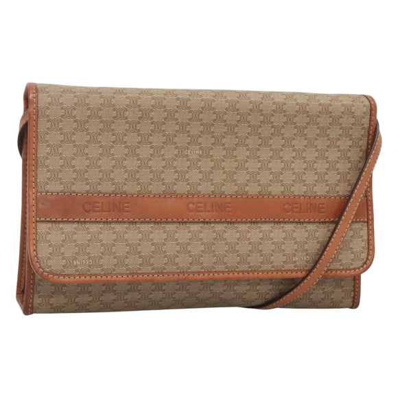 CELINE Macadam Canvas Shoulder Bag Beige Gold Auth 126162