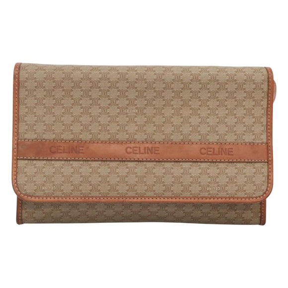 CELINE Macadam Canvas Shoulder Bag Beige Gold Auth 126162