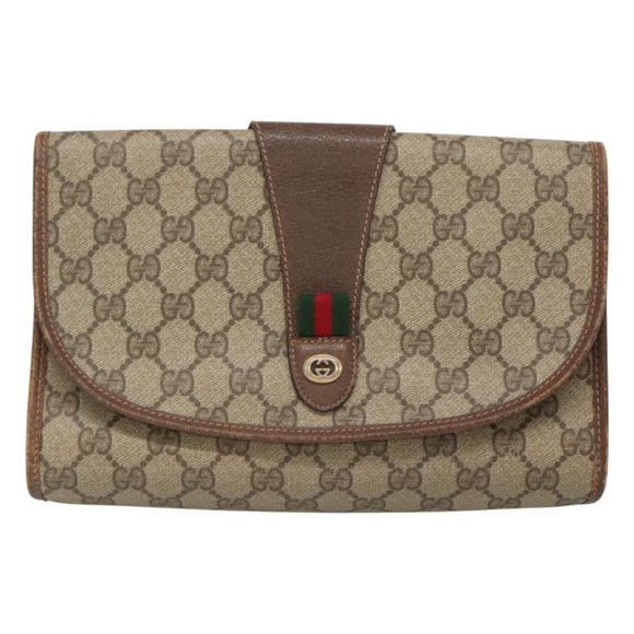 GUCCI GG Supreme Web Sherry Line Clutch Bag PVC Beige Gold 89 01 030 Auth 126165