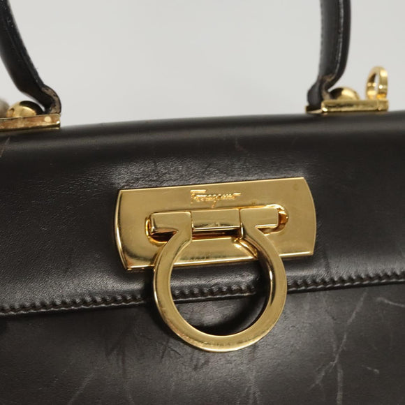 Salvatore Ferragamo Gancini Hand Bag Leather 2way Black Gold Auth 126173
